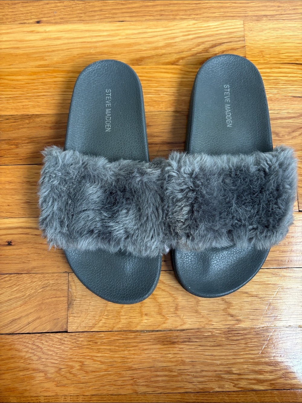 Steve Madden Gray Faux-Fur Slide Sandals